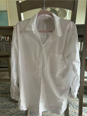 LOFT White Long-Sleeve Button-Down Shirt with Eyelet Sleeves